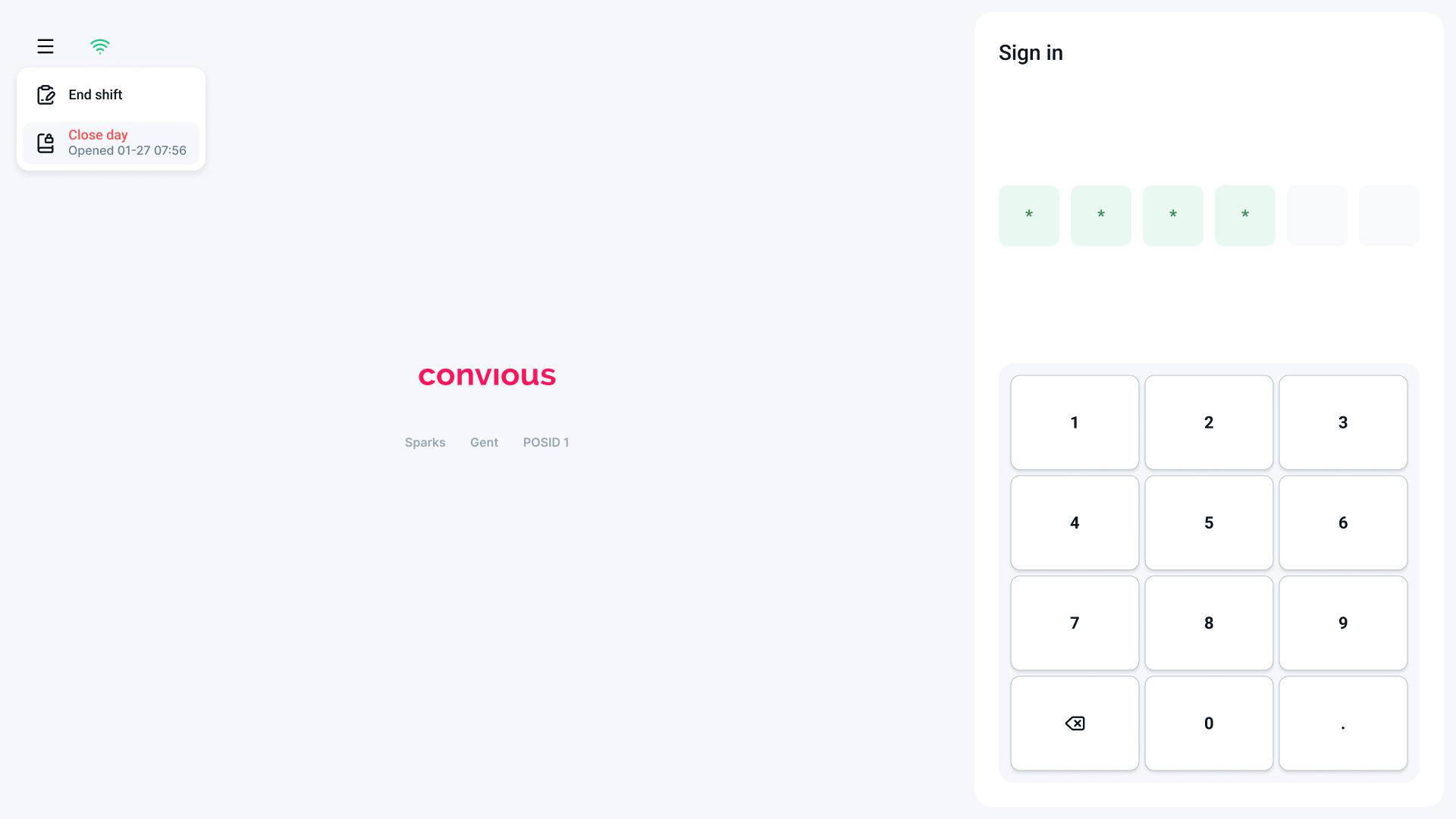 POS sign-in screen with pin code entry